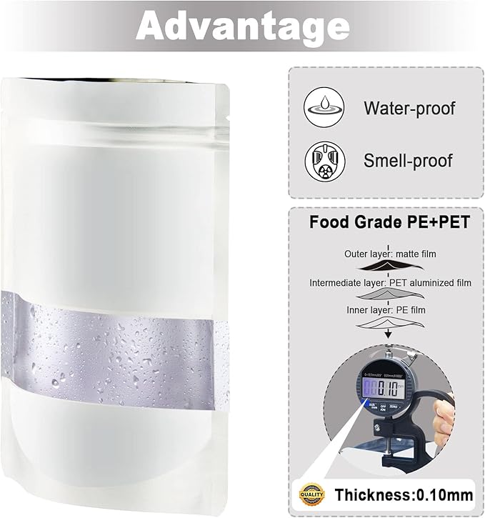 7.1"x10.2" 1 Quart 120pcs Mylar Bags for Food Storage,Smell Proof Bag with Matte Window Resealable Food Storage Bags for Small Business, Stand-up Foil Pouch Packaging Freeze Dried Candy Bag（White）