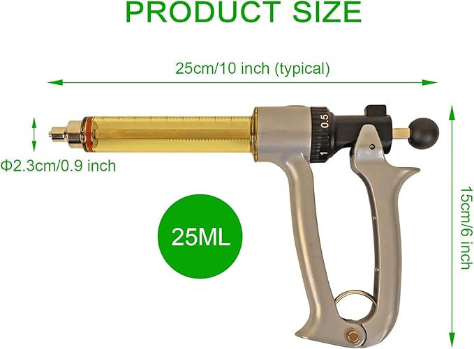 25ML Semi Automatic Livestock Syringe, 5 Gears Adjustable Continuous Repeating Syringe for Farm Ranch Cattle Cow Horse Goat Sheep Hog