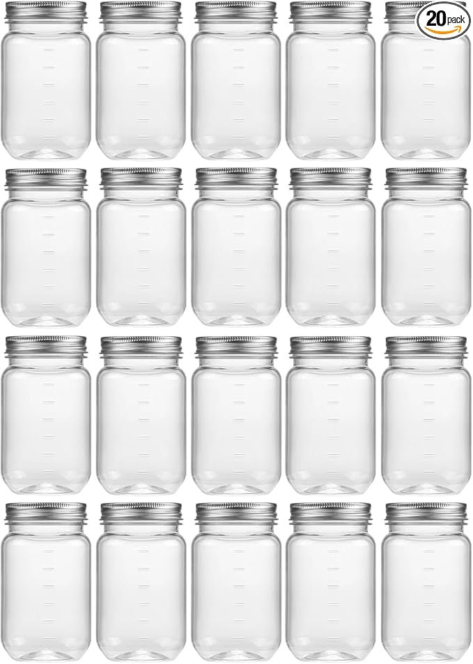 novelinks 16 oz Clear Plastic Jars with Screw-On Lids - BPA-Free Refillable Storage Containers for Slime, Food, Crafts, Kitchen & Household Use (20 Pack,Silver)