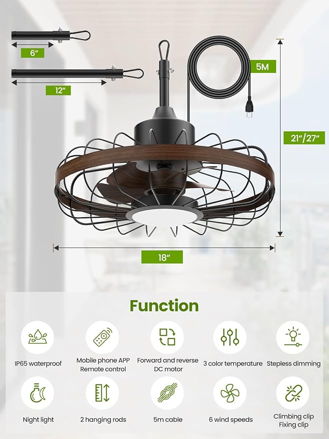 Outdoor Ceiling Fans with Light for Patios, 18 Inch Ceiling Fan Smart APP & Remote Control, 6 Speeds, 3 Color Temperatures, Gazebo Lights Outdoor Ceiling Fans for Patio Waterproof,Porch