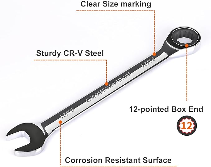 Egofine 13/16 inch Ratcheting Combination Wrench SAE, Industrial Grade Gear Spanner with 12-Point Design, 72-Tooth Ratchet, Chrome Vanadium Steel