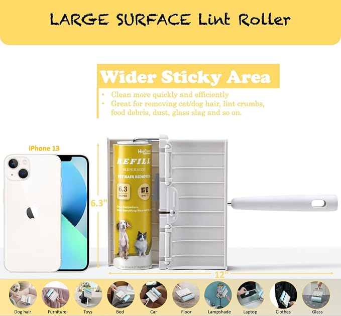 Large Surface Lint Roller Extra Sticky with Dust-Proof Cover 6.3'' Wider 240 Sheets/4 Refills, Pet Dog & Cat Hair Remover for Furniture Clothes Carpet Floor Car, A Great Sticky Tape Roller