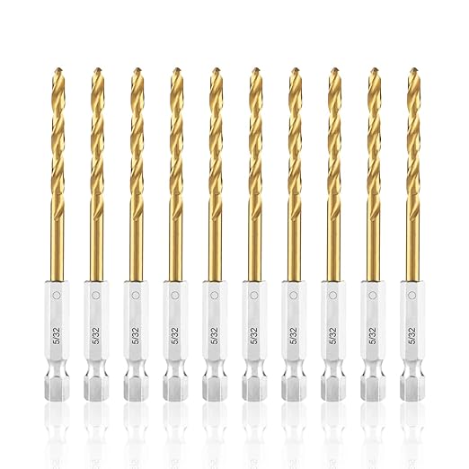 amoolo 5/32 Impact Drill Bits Set, 10Pcs Titanium HSS Twist Hex Shank Drill Bit Set for Metal, Steel, Wood, Plastic, Quick Change Design