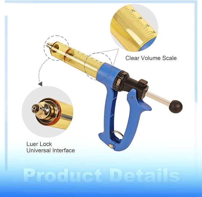 50ML Semi Automatic Livestock Syringe, with Extra 3 Colored Piston Rod Knobs, Adjustable Continuous Repeating Luer Lock Syringe for Cattle Cow Goat Sheep Pig