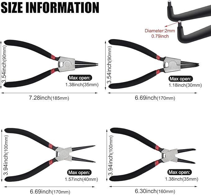 4 Pack 7" Snap Ring Pliers Set with Storage Pouch, Heavy Duty Internal/External Circlip Pliers Kit with Straight/Bent Jaw, Precision Spring Loaded Pliers for Ring Remover Retaining