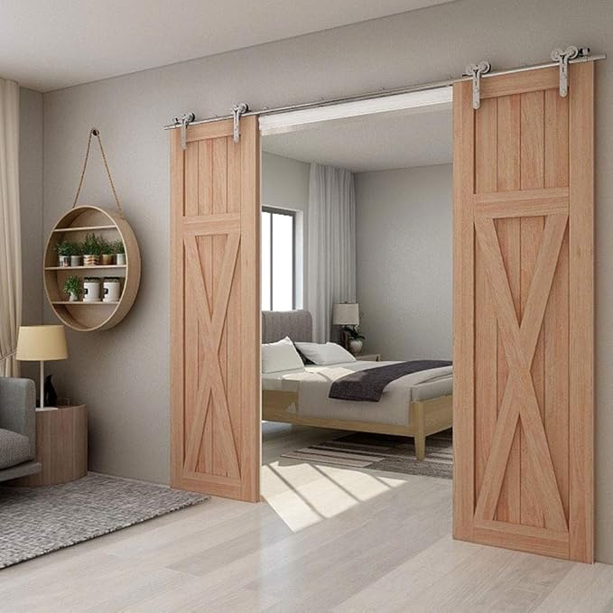 TSMST 6FT Sliding Barn Door Hardware Kit, Stainless Steel Heavy Duty Sturdy Barn Door Track for Double Wood Door, Slide Smoothly Quietly (Y Style)