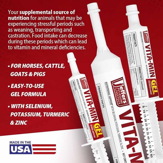Jeffers Vita-Min Gel for Livestock & Horses – Multivitamin & Mineral Supplement with Selenium, Zinc, Potassium & Turmeric – Easy Oral Gel for Cattle, Goats, Sheep & Pig – 60 CC Tube - 3 Pack