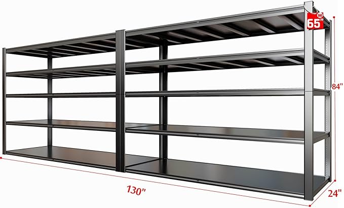 65" W Heavy Duty Garage Shelving, 84" H Garage Storage Shelves, 5 Tier Metal Shelving Unit, Adjustable Commercial Shelving, 2 Pack