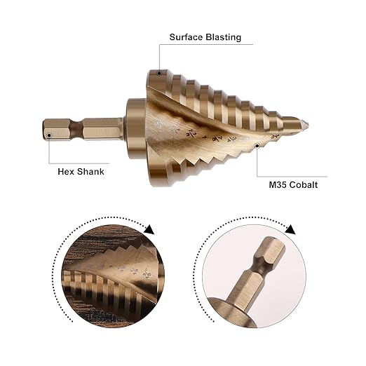 COMOWARE 5PCS M35 Cobalt Step Drill Bit Set with 1/4" Hex Shank, Automatic Center Punch, Two Spiral Flute Impact Design, Ideal for Metal, Stainless Steel, Wood, Plastic
