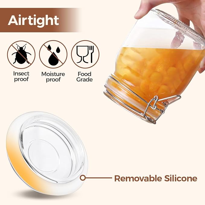 ComSaf Airtight Glass Canister Set of 3 with Lids 34oz Food Storage Jar Square - Storage Container with Clear Preserving Seal Wire Clip Fastening for Kitchen Canning Cereal,Pasta,Sugar,Beans,Spice