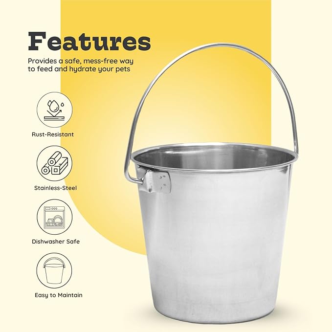 16 quart Heavy Duty Stainless Steel Round Bucket with Handle | 4 gal Sturdy Food & Water Bowl for XL Dog Goat sheep Horse & Livestock | Fits kennel Crate Cages Farm | Hanging Utility Pail