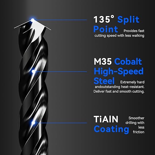 3/8" Triple Spiral Flute Cobalt Drill Bit Set (Pro - TiAlN Coated), Metal Drill Bit Set for Steel, Hardened Metal, Stainless Steel, 5-Piece with Index Storage Case