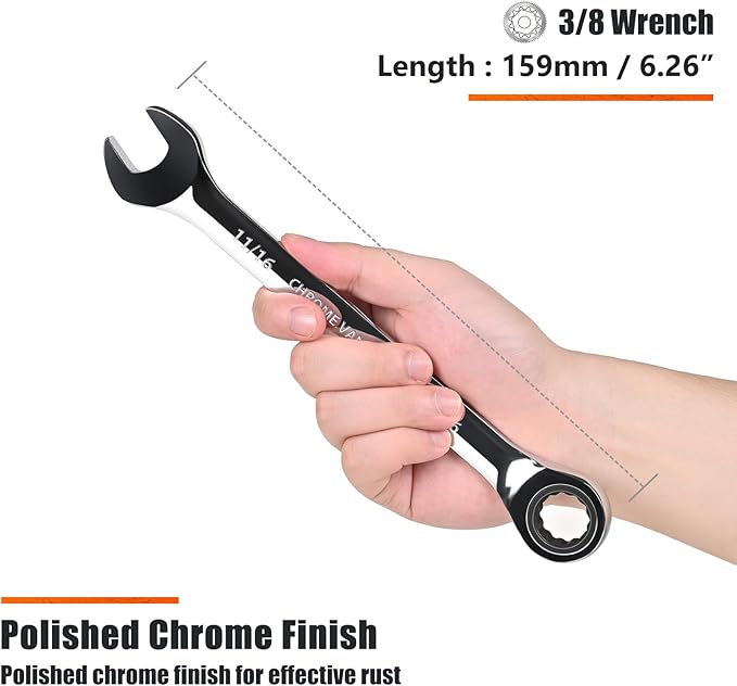 Egofine 11/16 inch Ratcheting Combination Wrench SAE, Industrial Grade Gear Spanner with 12-Point Design, 72-Tooth Ratchet, Chrome Vanadium Steel