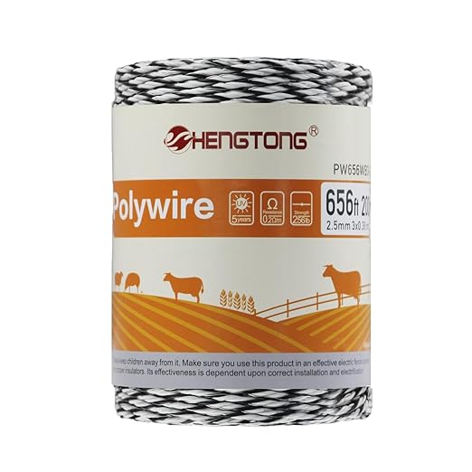 Electric Fence Polywire, 656ft (200m), 3 Aluminum Strands, UV-Resistant PVC, 0.1in (2.5mm) Diameter, 256 lbs Tensile Strength, for Livestock and Rotational Grazing, White and Black