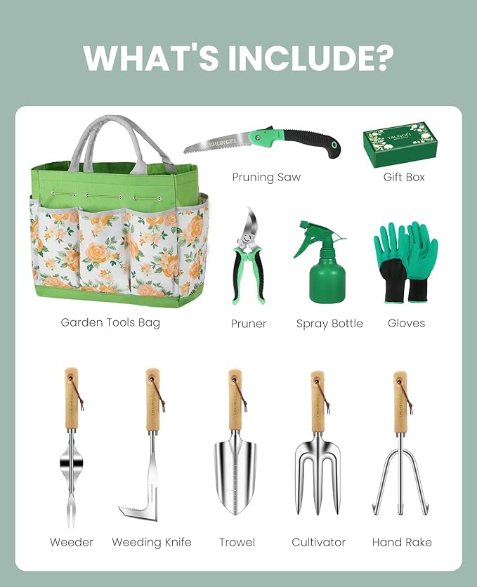 Gardening Tool Set for Women - 10 Piece Heavy Duty Stainless Steel Garden Tools Kit with Ergonomic Non-Slip Handle and Stylish Storage Tote Bag, Ideal Gardening Gifts for Mom, Grandma, Gardeners
