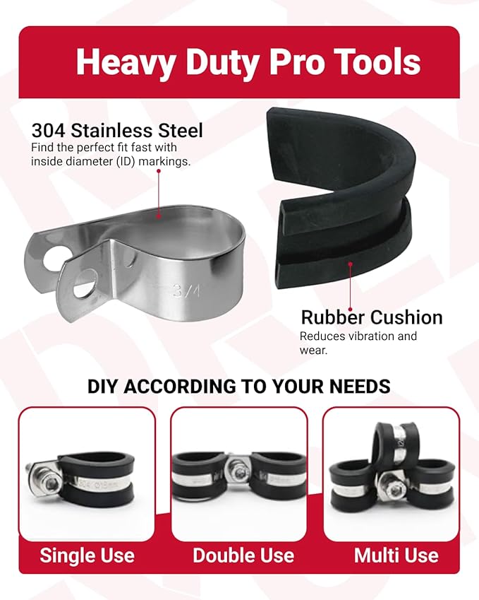 125PCS Cable Clamps Assortments Kit, 10 Sizes from small hose clamps 1/4", 3/8" to 5/8" & 1-3/4" large Stainless Steel Rubber Coated Insulated Cable Clamps for Metal Wire, Cable, Pipe, Hose,Fuel line