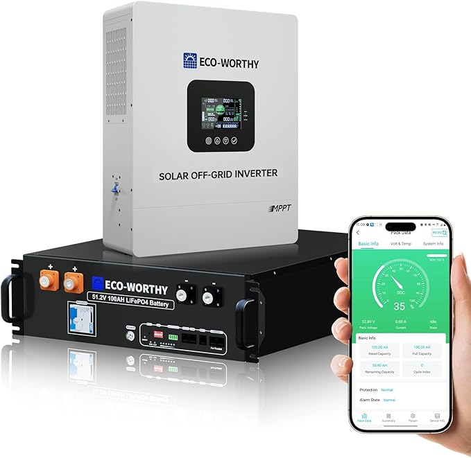 ECO-WORTHY Home Power Station Backup Power,5120Wh LiFePO4 Battery Support Communication,Bluetooth and WiFi,AC 5000W Inverter,1Hr/2.5Hr Fast Charge,for Home Backup,Emergency,Solar System Components