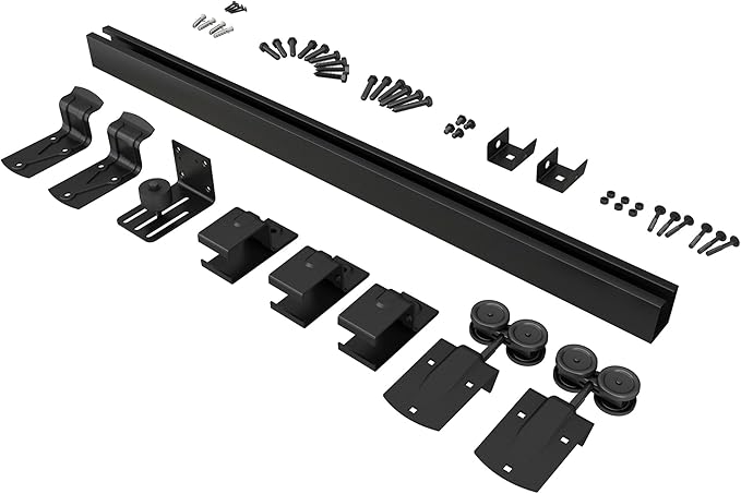 JUBEST 4FT Box Rail Exterior Barn Door Hardware Kit, Heavy-Duty Black Sliding Barn Door Track System, Wall Mount Door Hardware Kits (Door Not Included)