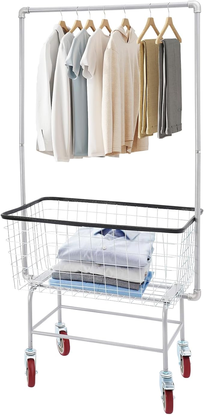 TFCFL Heavy Duty Wire Laundry Cart with Double Pole Rack, 2.5 Bushel Wire Laundry Basket with Wheels, Commercial Rolling Laundry Basket 110lbs Capacity, Steel Basket for Laundry Clothes Storage