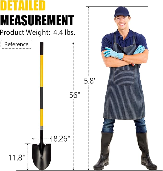 VNIMTI Heavy Duty Gardening Shovel, 56 Inch Round Blade with Fiberglass Handle (Yellow)