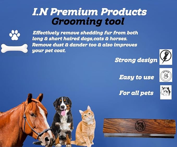 Original Deshedding Grooming Tools for Horse, Cats & Dogs Easy Ergonomic Wooden Handle Professional Brush Grooming Tool, Remove painlessly 95 Percent of Lose Hair Fur & Dirt (8 inch)