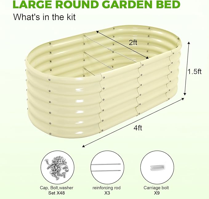Land Guard 18“ Tall Outdoor Metal Raised Garden Bed, Oval Deep Root Planter Box for Vegetables, Flowers, Herbs, 89 Gallon Capacity - Cream Yellow