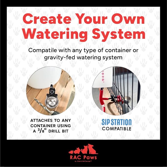 Rac Paws by RentACoop DIY Auto-Fill Metal Cup Waterer Kit - Great for Small Animals, Pets, Bunnies, Ferret, Chickens, Hamsters, Guinea Pigs, Rabbits, Chinchillas, Mice, Rats - 2 Pack