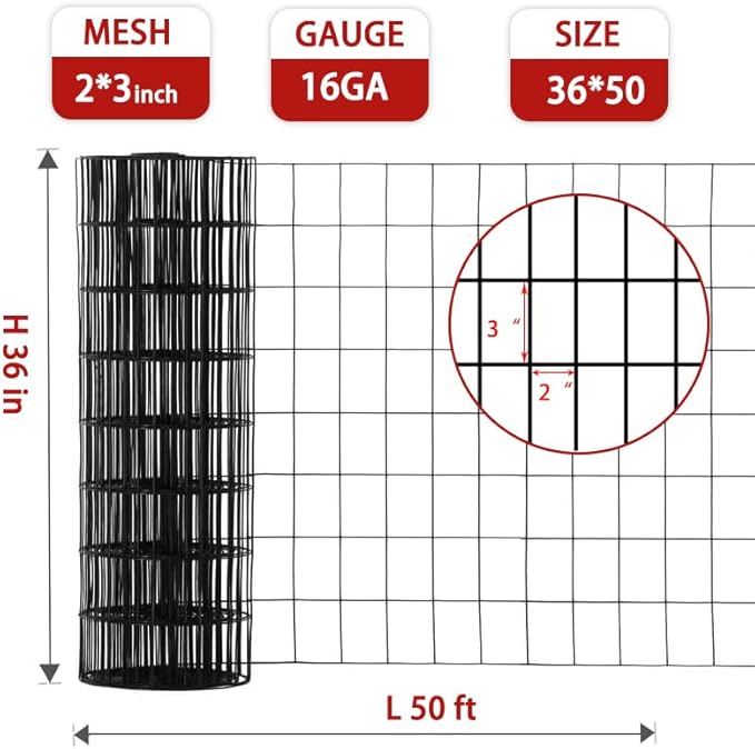 Hardware Cloth for Chicken Wire Fencing of Chicken Coop-2x3in Mesh AWG 16 Gauge 36in x 50ft Black PVC Coated Welded Wire Mesh Roll-Chicken Runs, Rabbit Hutches, Deer Barriers, Garden Mesh