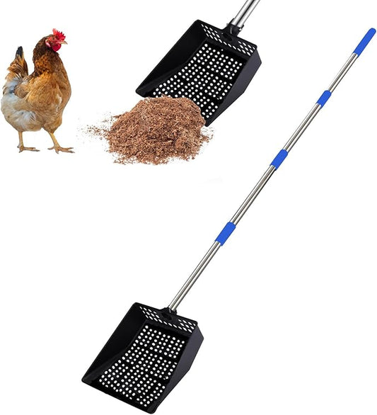 Chicken Poop Scooper,Big Sifting Shovel for Farm Chicken and Coop Goat Stall,Metal Chicken Scooper Cleaning, Chicken Coop Rake with Long Handle(40 1/2'').