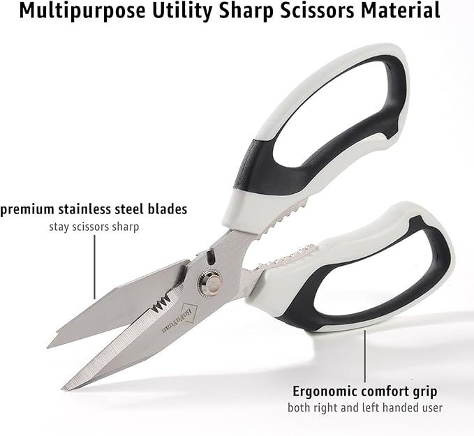 8-Inch Utility Scissors All Purpose Heavy Duty, Serrated Blade, White Comfort Grip for Cutting Carpet, Cardboard, Leather, Fabric, Multipurpose Sharp Shears for Kitchen, Garden, Office, Carft