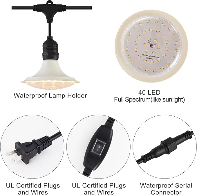 Outdoor LED Grow Lights, Waterproof String Grow Light, Full Spectrum Plant Growing Lights with 42Ft Cord, 12 Lights for Outdoor, Greenhouse Planting, Rainproof and Windproof