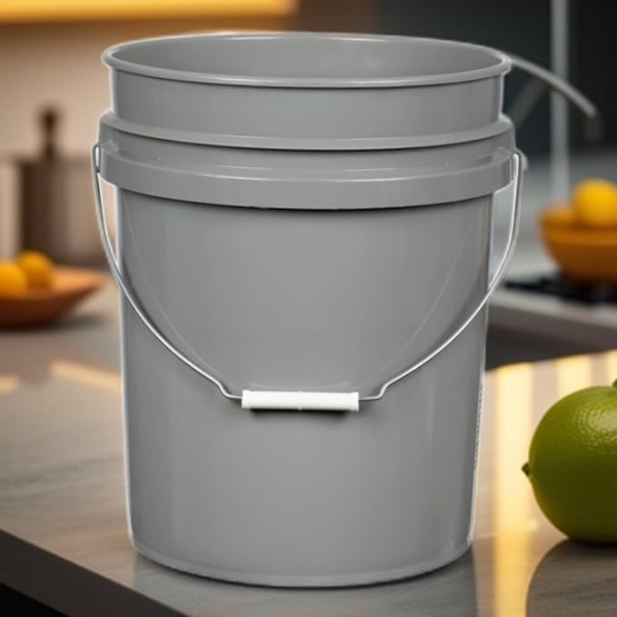 House Naturals 5 Gallon Food Grade BPA Free Made in USA Pails Gray Bucket with Screw On Air Tight Lid (2, Gray with Green lids)
