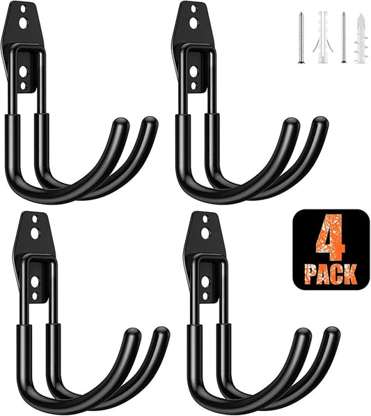 4 Pack Heavy Duty Garage Hooks,Solid Steel Wall Mount Hangers,with Anti-Slip Coating,for Hanging and Organising Ladder,Bike,Ropes,Broom,Garden,Yard and Power Tools(5.5x4.1 inch)