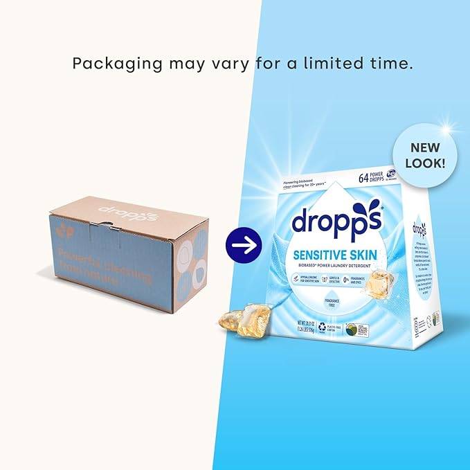 Dropps Sensitive Skin Laundry Detergent Pods, Unscented (64 Count) - Dermatologist Tested Laundry Pods - HE Compatible Laundry Supplies for Clean Clothes, Vegan & Dye-Free