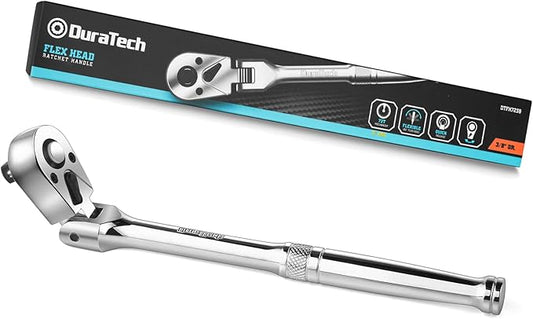 DURATECH 3/8" Drive Flex-Head Ratchet, 72-Tooth Ratchet Wrench, Quick-release, Reversible Switch, Full-Polished Chrome Plating, Alloy Steel