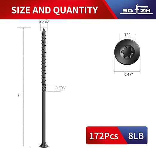 #14 x 7 Inch Deck Screws (172Pcs) 8lb. Carbon Steel, Black, Flat Head, Rust Resistant epoxy Coated, with T30 Star Bit