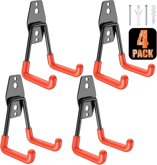4 Pack Heavy Duty Garage Hooks,Solid Steel Wall Mount Hangers,with Anti-Slip Coating,for Hanging and Organising Ladder,Bike,Ropes,Broom,Garden,Yard and Power Tools(4.5x2.75 inch)
