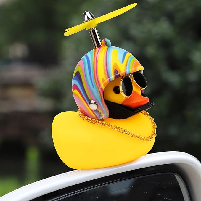 wonuu Rubber Duck Toy Car Ornaments Yellow Duck Car Dashboard Decorations Squeeze Duck Bicycle Horns with Propeller Helmet