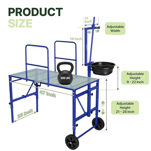 Goat Stand with Adjustable Headpiece & Legs, Goat Milking Stand with Feeder, Rails & Wheels, Stanchion for Grooming & Hoof Trimming, Sheep Stand for Shearing Heavy-Duty Steel Platform, Blue