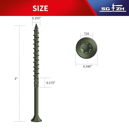 #10 x 3 Inch Deck Screws (59Pcs) 1lb. Carbon Steel, Green, Flat Head, Rust Resistant epoxy Coated, with T25 Star Bit