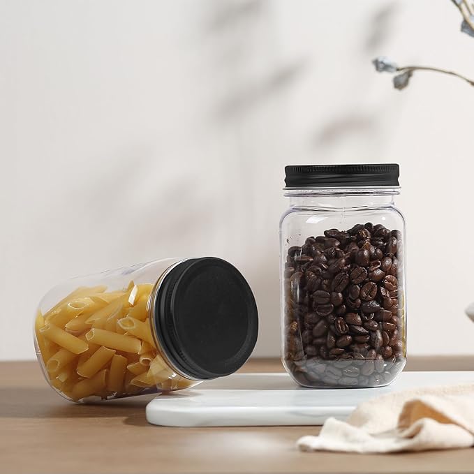 novelinks 16 oz Clear Plastic Jars with Screw-On Lids - BPA-Free Refillable Storage Containers for Slime, Food, Crafts, Kitchen & Household Use (10 Pack,Black)