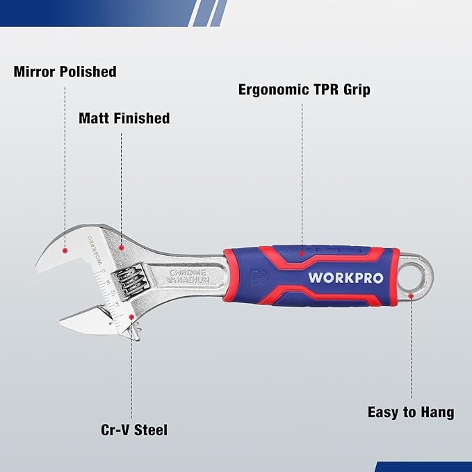 WORKPRO 3-piece Adjustable Wrench Set, Cr-V Wide Jaw Wrench With Rubber Anti-Slip Grip, 6-inch, 8-inch, 10-inch with Metric/SAE Scales, Chrome Plated