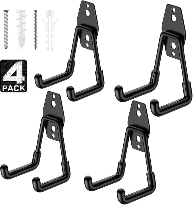 Garage Hooks with Anti-Slip Coating,Heavy Duty Wall Mount Storage Hooks for Hanging Bike,Hose,Ladder,Yard,Garden Tools (4 Pack Black 4.5x2.75 inch)