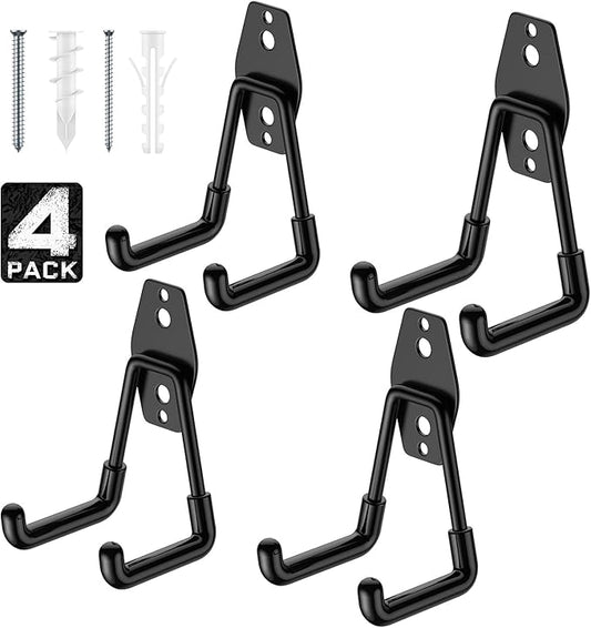 Garage Hooks with Anti-Slip Coating,Heavy Duty Wall Mount Storage Hooks for Hanging Bike,Hose,Ladder,Yard,Garden Tools (4 Pack Black 4.5x2.75 inch)