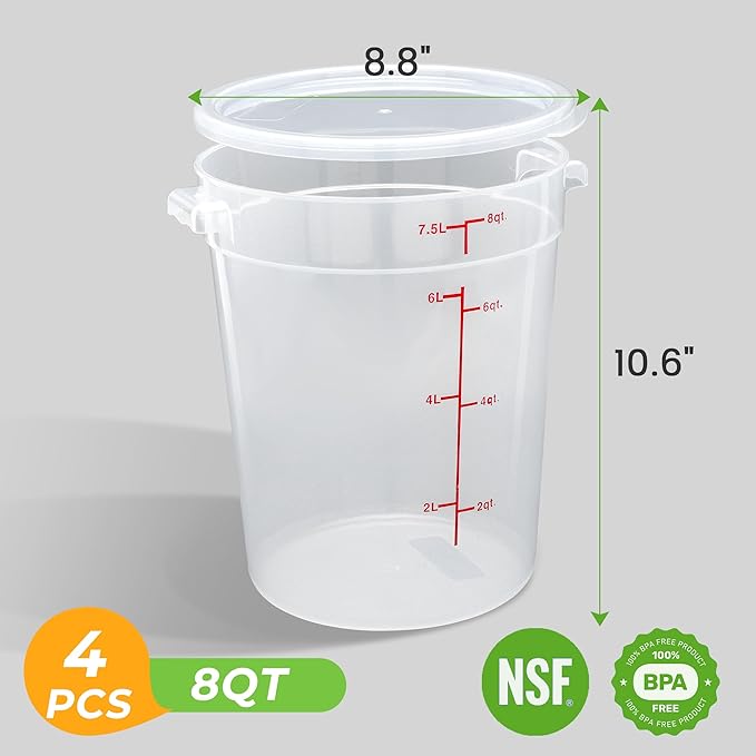 4 Pack Round Food Storage Containers with Lids, 8Qt Translucent Commercial Food Container, Polypropylene, BPA Free, Includes Labels & Measuring Cups
