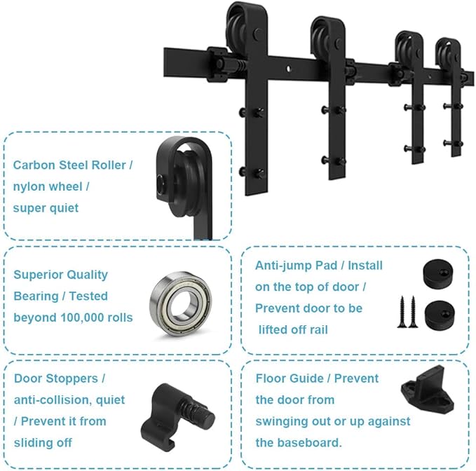 CCJH 8FT Sliding Barn Door Hardware Kit, Heavy Duty, Smoothly and Quietly, Easy to Install, Fit 24" Width Double Door Panel, Basic Style Hangers Black