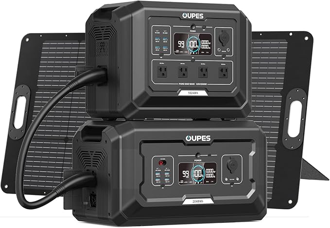 OUPES 3072Wh Mega 1 Solar Generator Kit with B2 Extra Battery + 100W Panel Included, 2000W (4500W Peak) LiFePO4 Battery Station with UPS, for 24/7 Off-Grid Power, Power Outage, Blackout, RVs