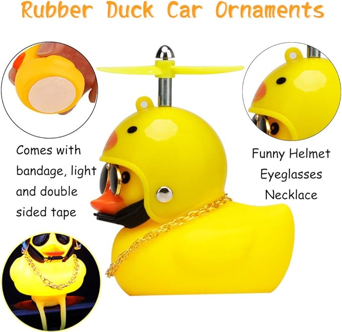 wonuu Rubber Duck Toy Car Ornaments Yellow Duck Car Dashboard Decorations Squeeze Duck Bicycle Horns with Propeller Helmet