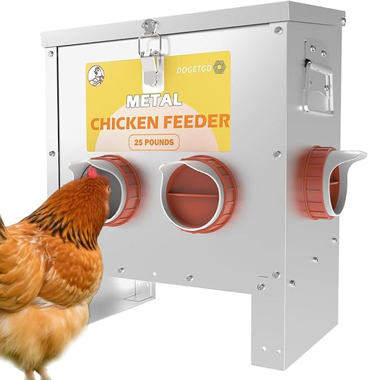 Automatic Chicken Feeder No Waste Metal Poultry Feeder Large Capacity 25lbs for Chickens, Geese, Ducks, Turkeys, Quails (4-Port)