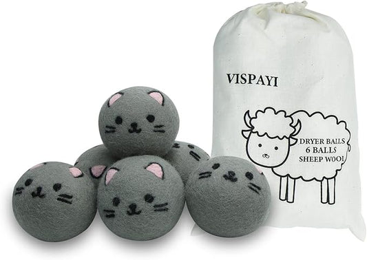 Dryer Balls Laundry Reusable - XL Wool Dryer Balls - Handmade Cute Cat Shape 6 Pack, Extra Large Dryer Balls, Shorten Drying Time, Organic Wool - Dry 1000+ Loads